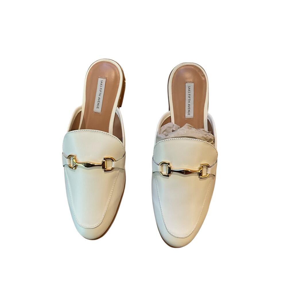Saks Fifth Avenue Leather Mules Slip-On Gold Horsebit White Womens Size 10‎ NWB